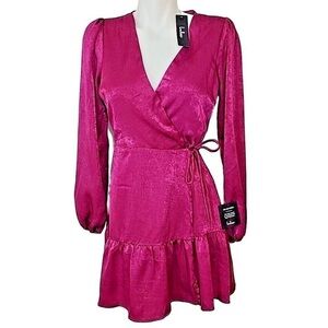 NWT Lulus Satin Long Sleeve Wrap Dress Sz XS - Magenta